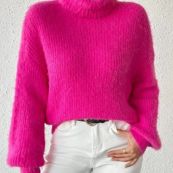 Hot Pink Casual Women's Turtleneck Drop Shoulder Fuzzy Sweater - Picture 5 of 6